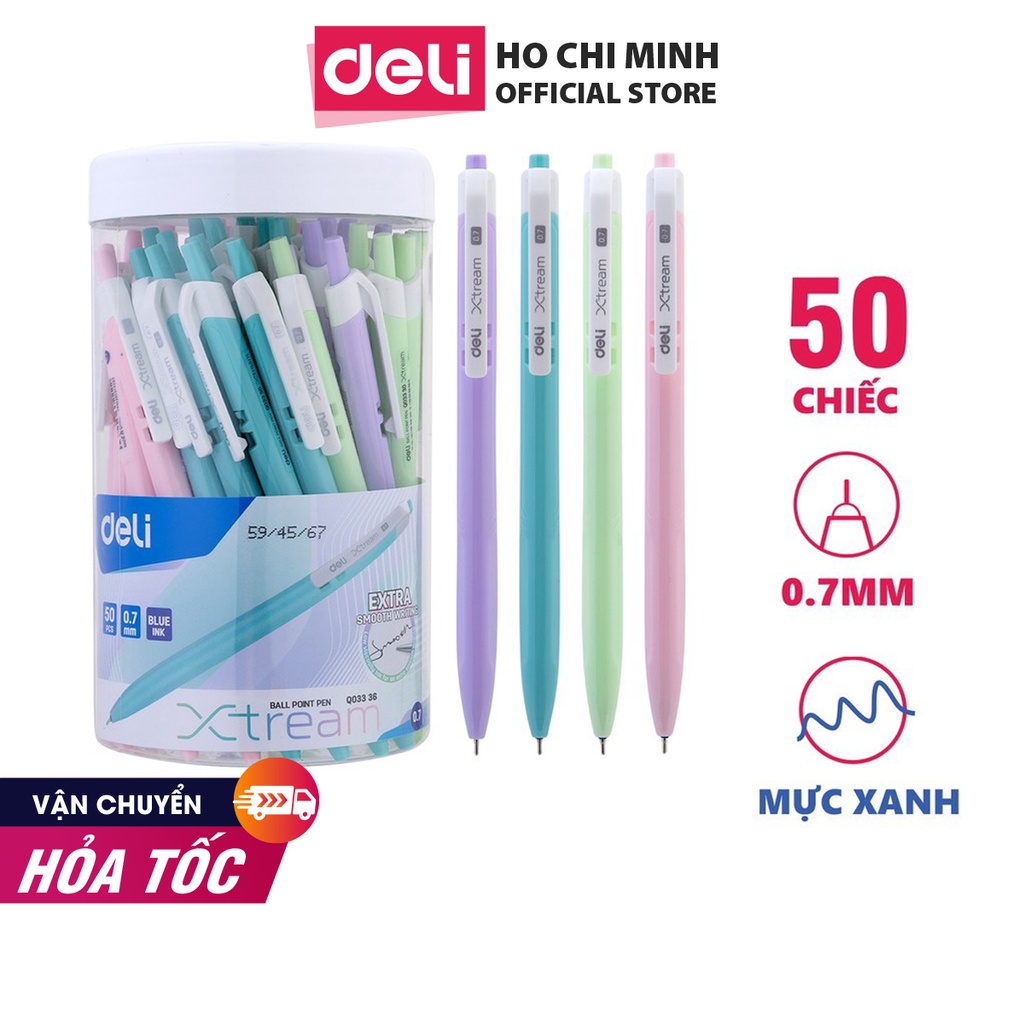 [Mã LIFEDELI20K5 giảm 20K đơn 0Đ] Bút bi dầu Deli - 0.7mm đầu bấm - 50 chiếc/hộp - EQ03336/EQ03236/EQ02836