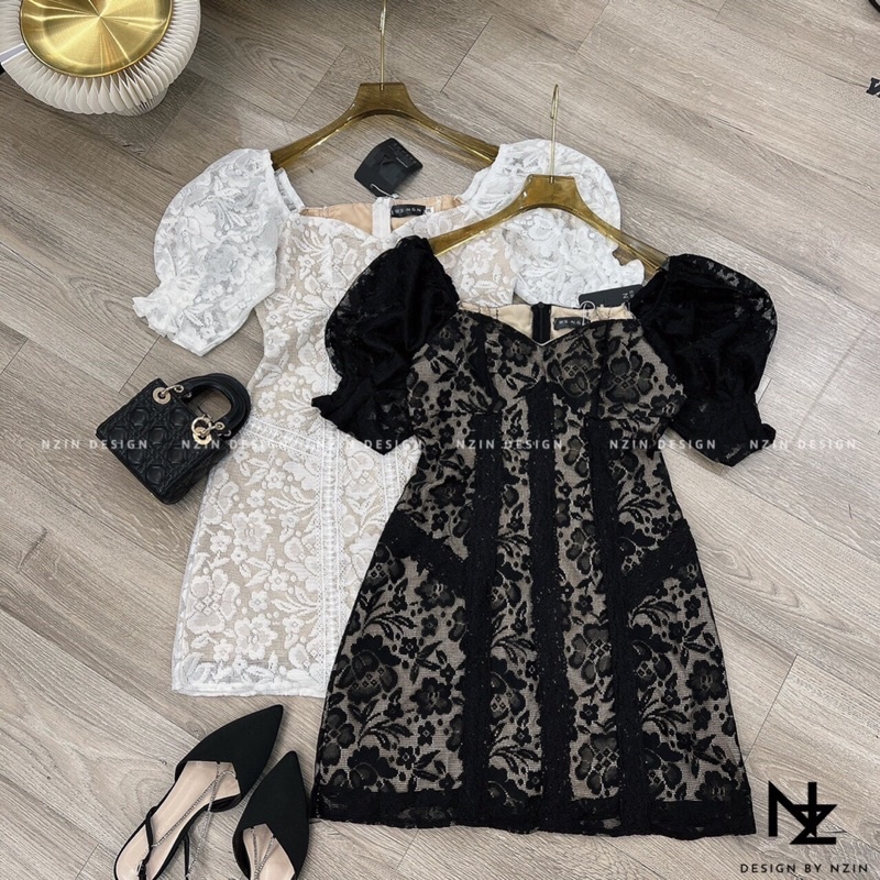 Váy ren cổ vuông tay bồng tôn dáng