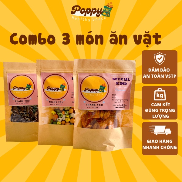 Combo ăn thử đồ ăn vặt POPPY,  ăn vặt khô gà , khô bò , mực, đậu, hạt hướng dương và nhiều món ăn thử khác