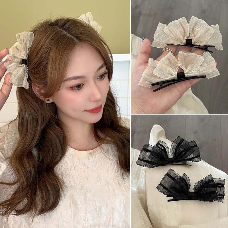 1 cặp kẹp tóc nơ ren dễ thương phong cách Hàn Quốc