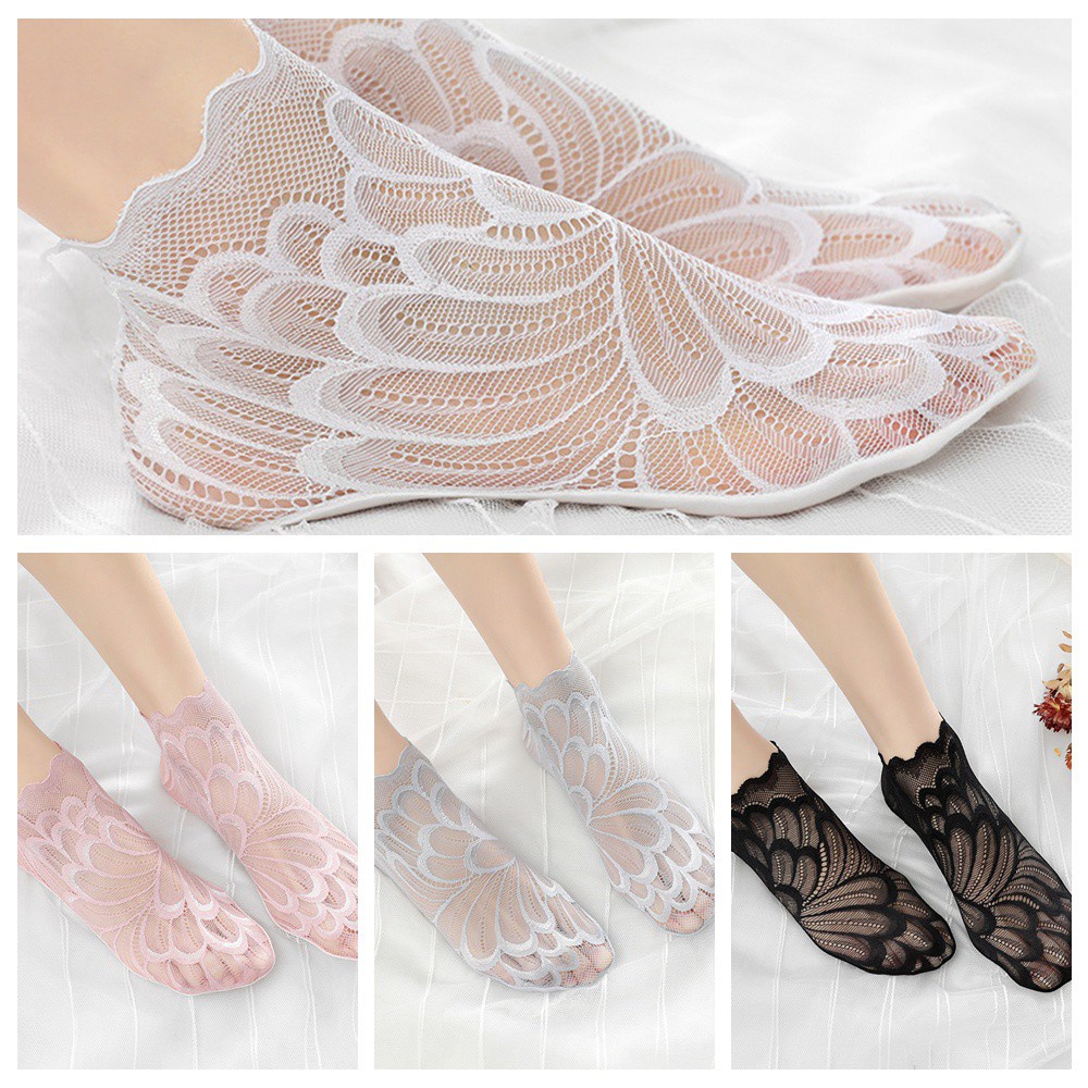 Vớ Cotton Cổ Thấp Chống Trượt Phối Ren Họa Tiết Chim Công Nhiều Màu Thời Trang Mùa Hè Cho Nữ