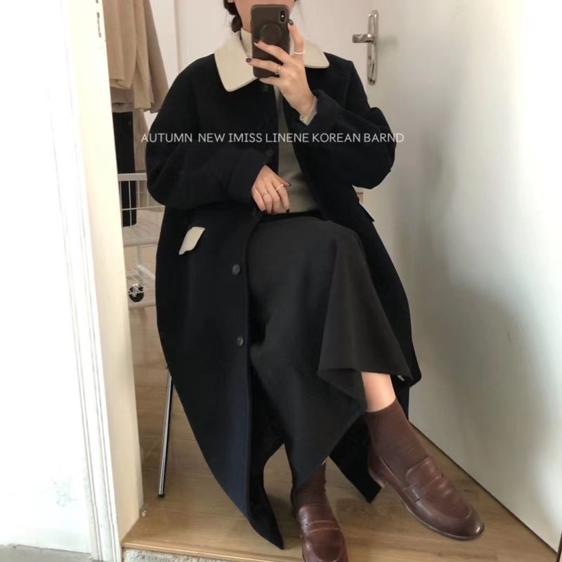 [Spot] Áo Khoác Len Ôm Dáng Vừa Vặn Đơn Giản Thời Trang Hàn Quốc Cổ Điển Tương Phản Cho Nữ