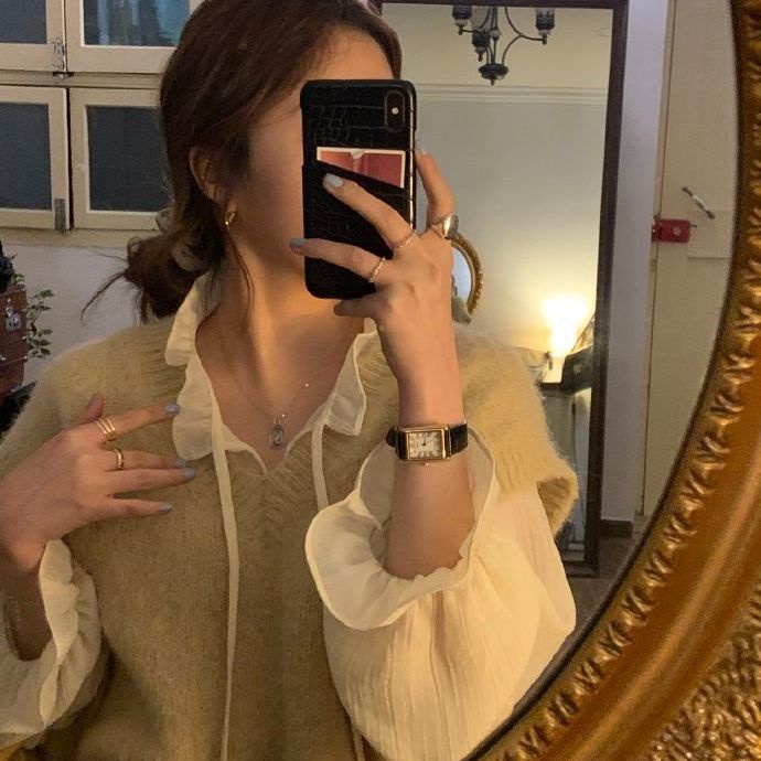 Áo khoác ghi lê dệt kim cổ chữ V dáng rộng nhiều lớp bên trong phong cách Hàn Quốc cho nữ