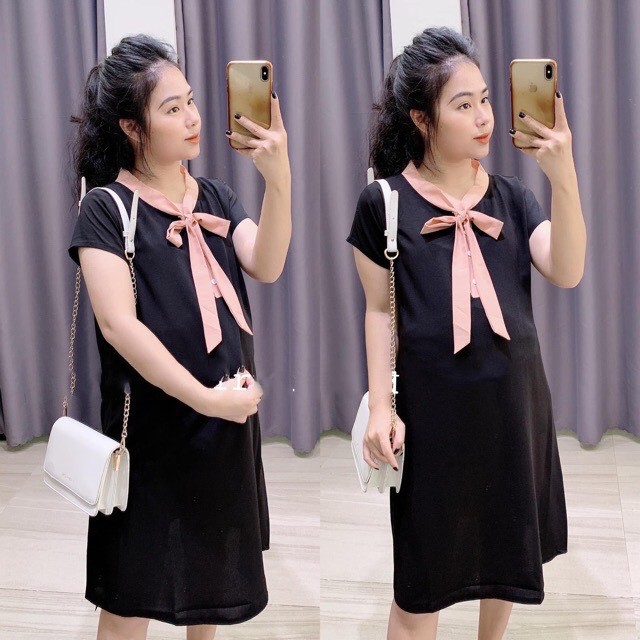 Váy bầu XUÂN HÈ cổ nơ mềm mát - 𝐕𝟏𝟐