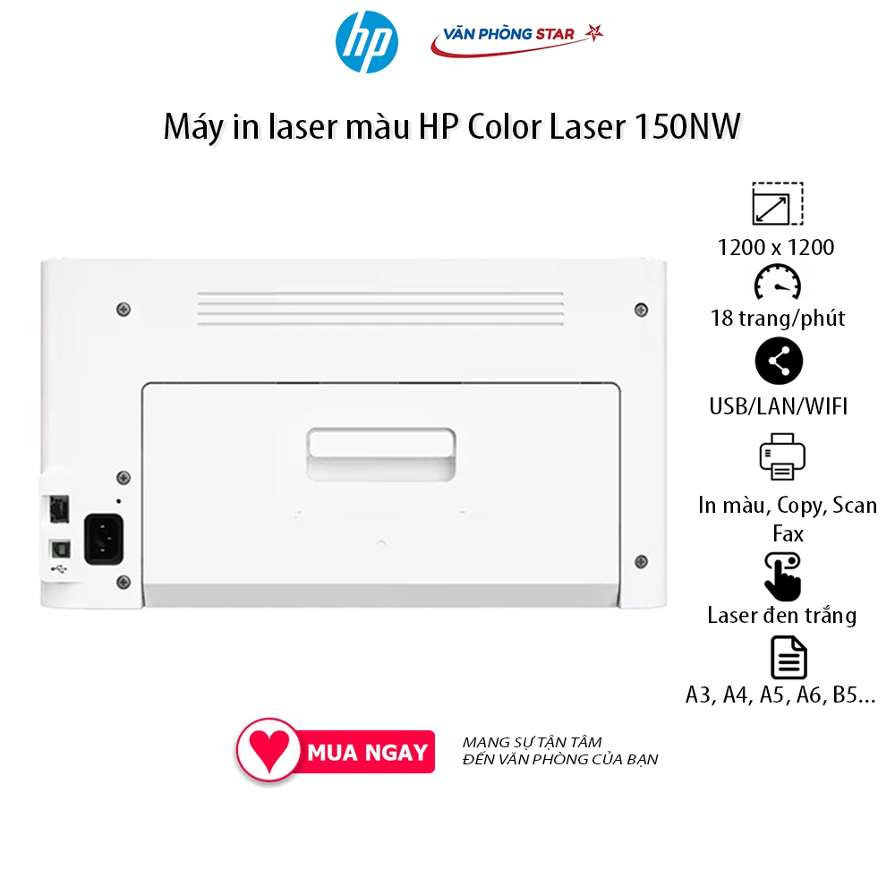 [Free ship] Máy in laser màu HP Color Laser 150NW in wifi tốc độ đen trắng 18 trang/phút, màu 4 trang/phút 600 x 600