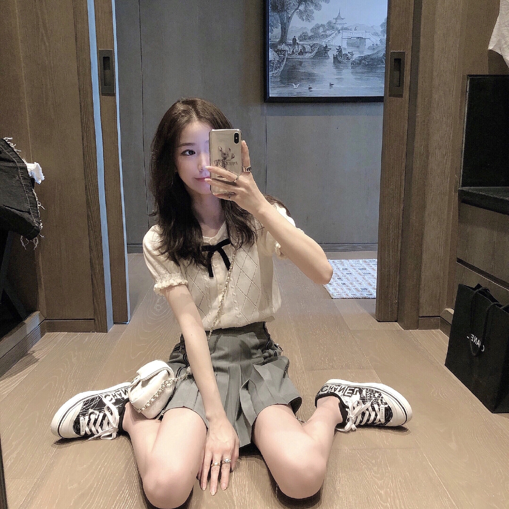 SUXI Áo Dệt Kim Tay Ngắn Phối Nơ Đáng Yêu Cho Phái Nữ