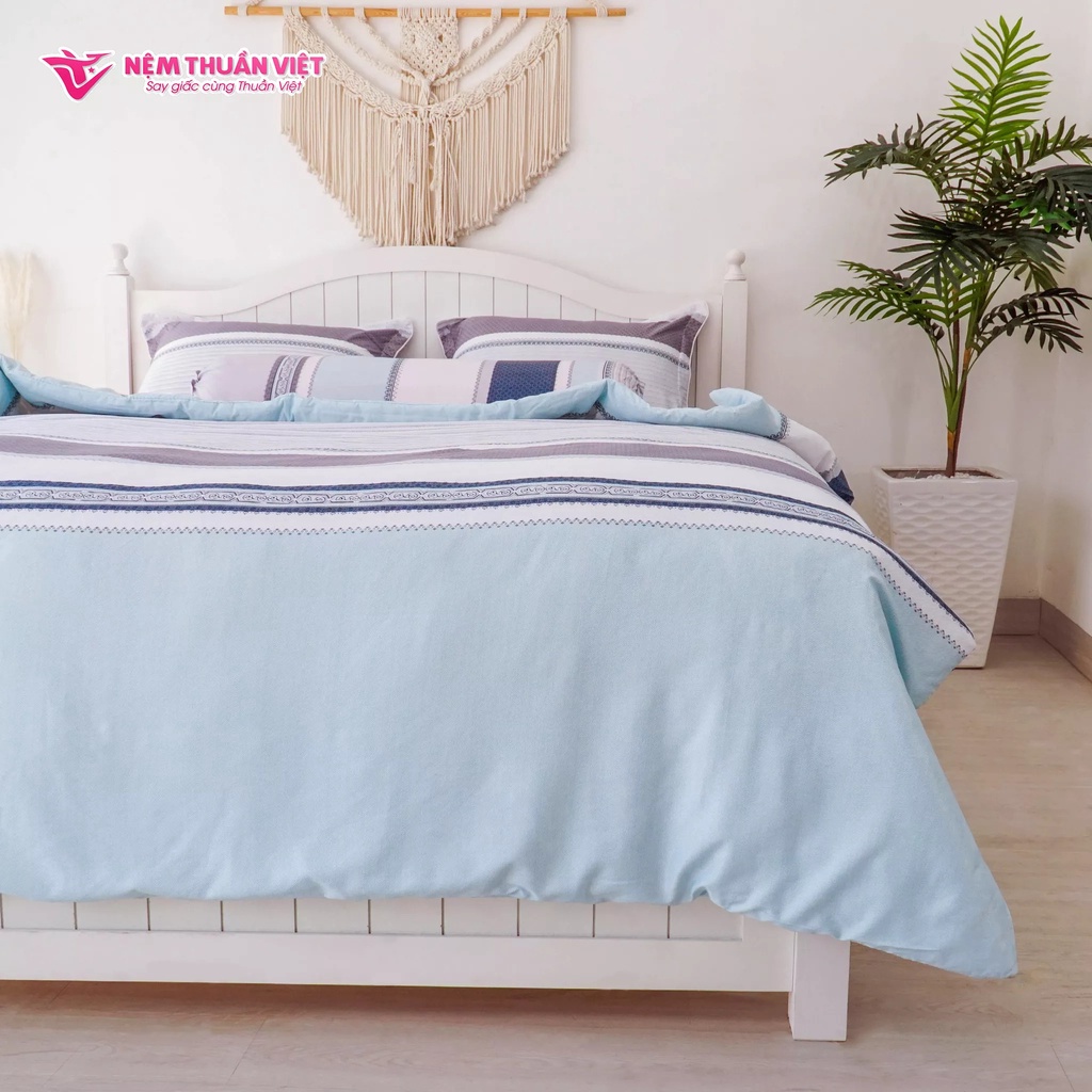 Bộ Ga Giường Tencel Thuần Việt Cao Cấp - Xanh Sọc TVM07 (4 Món)