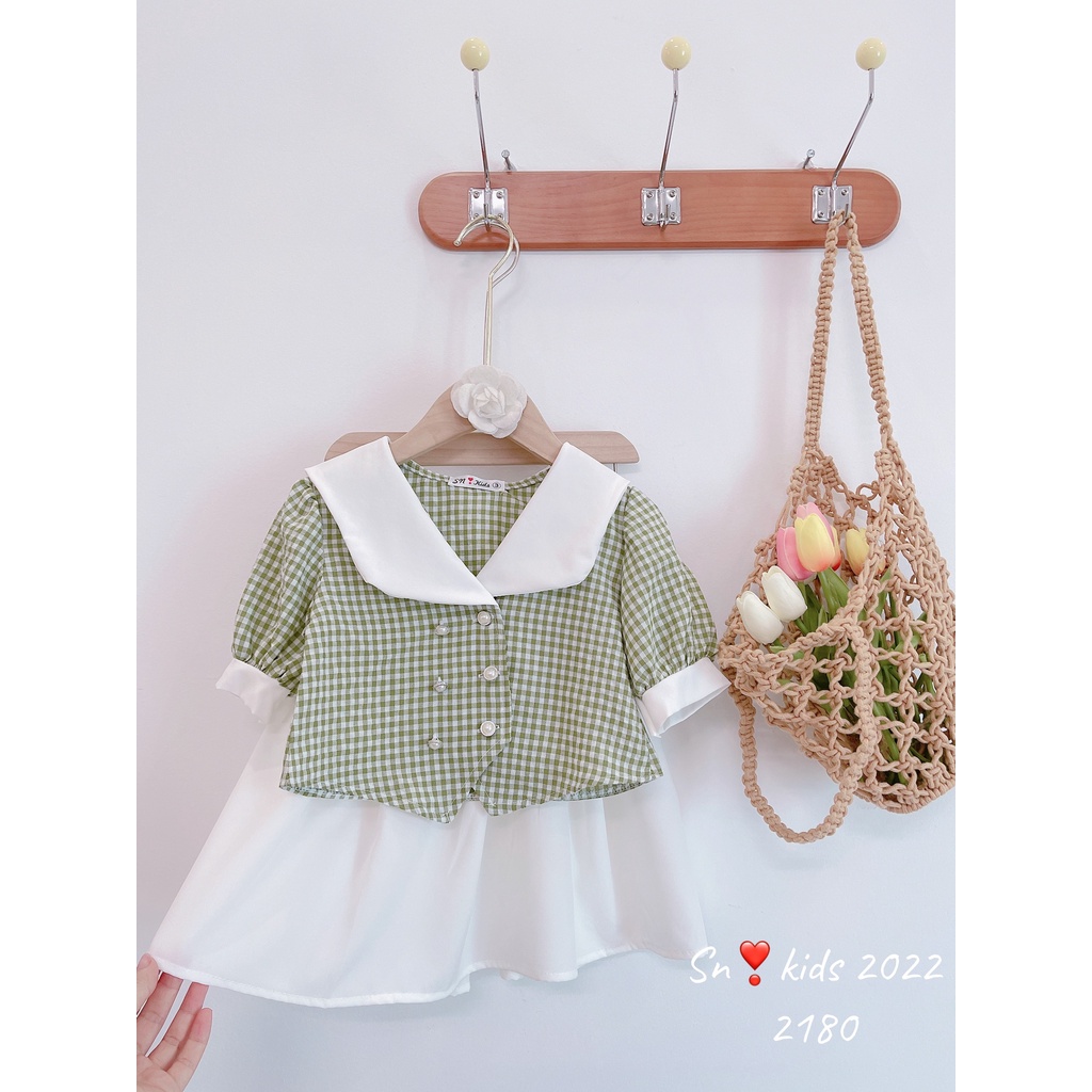 Sét váy vintage cho bé gái, set áo caro xanh 2 hàng cúc kèm chân váy xòe trắng cho bé size 12-35kg