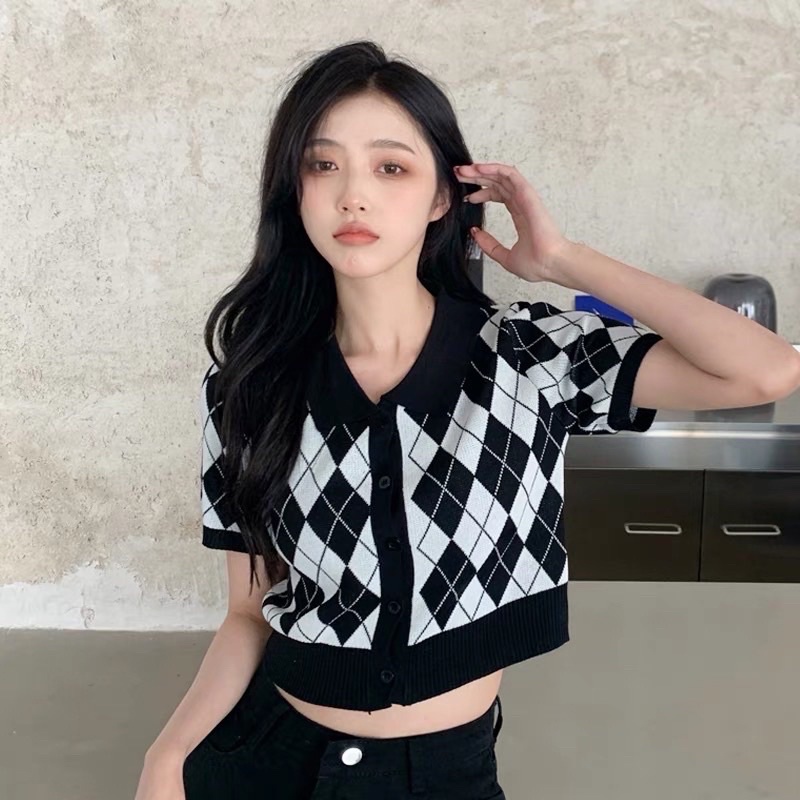 Áo Cardigan Croptop, áo Khoác Nữ Tay Ngắn Cổ Bẻ Kẻ Kim Cương