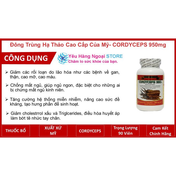 Đông trùng hạ thảo Cordyceps 950mg của Mỹ hộp 90 viên.