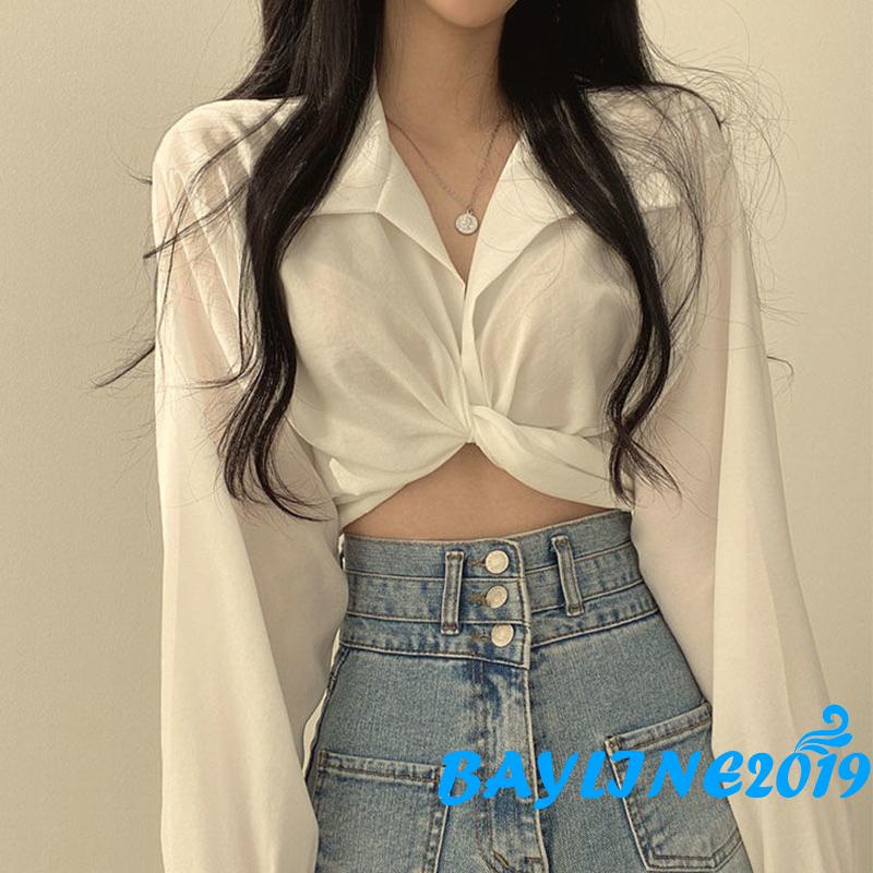 Áo Croptop Tay Dài Cổ Bẻ Màu Trơn Thiết Kế Độc Đáo Thời Trang Cho Nữ