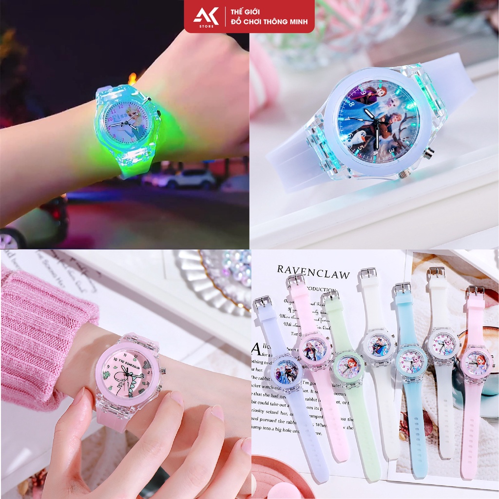 CÓ ĐÈN PHÁT SÁNG - Đồng Hồ Elsa, Hello Kitty,Sofia Dây Đeo Silicon Cho Bé Trai, Bé Gái