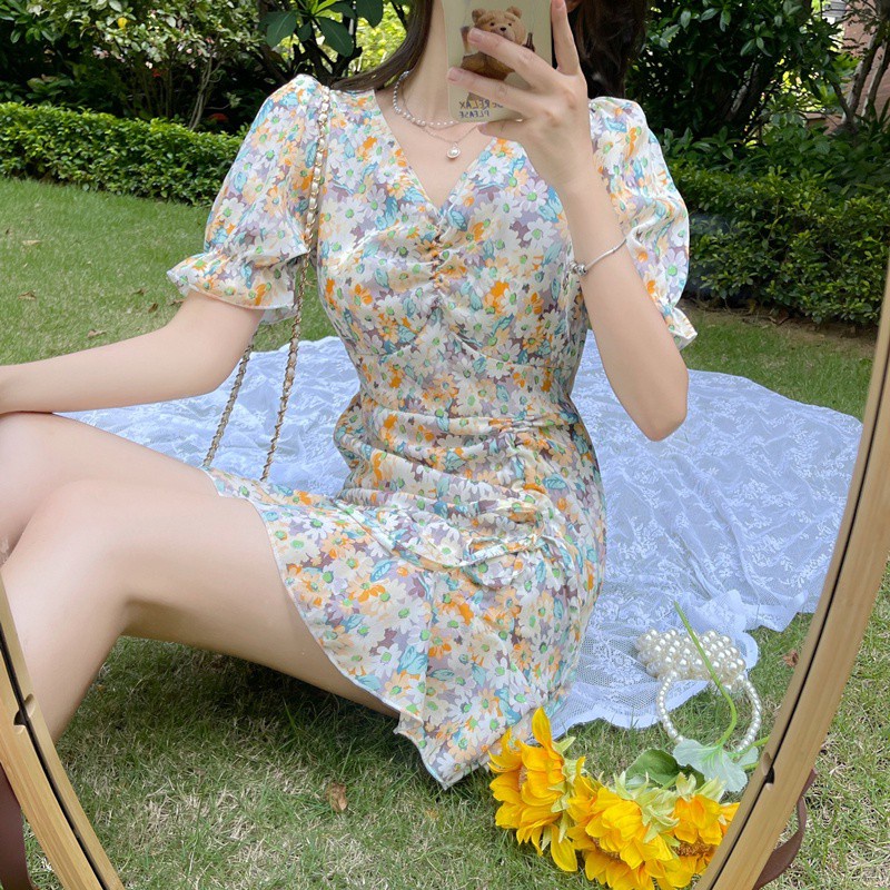 Đầm tay ngắn hoạ tiết hoa phong cách Hàn Quốc cho phái nữ