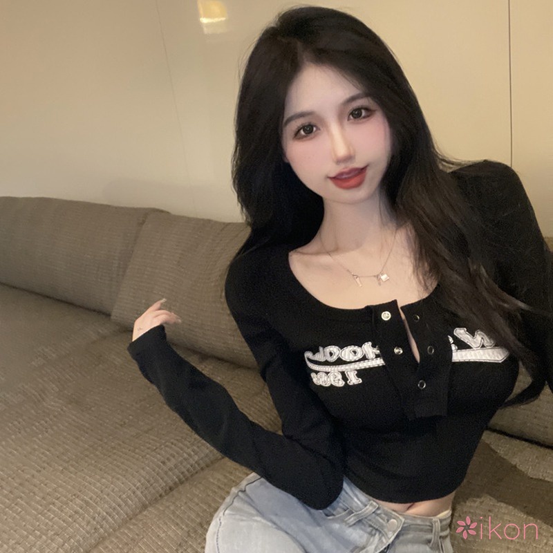 Áo Croptop Tay Dài Hoạ Tiết Chữ In Thiết Kế Đơn Giản Cho Phái Nữ