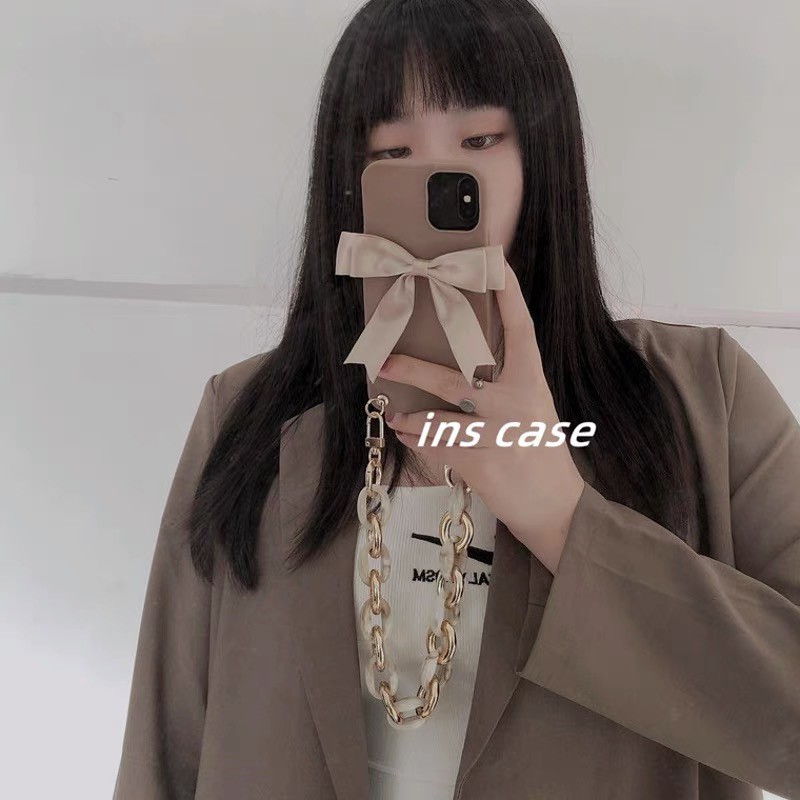 Ốp Điện Thoại Gắn Nơ Trắng Phối Dây Xích Dài Cho Iphone 12 pro max 11 pro max xs max xr x 7 8 plus