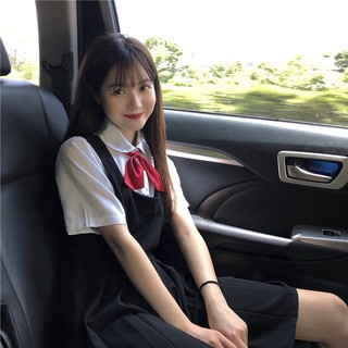 Set đồng phục váy yếm xếp li +áo sơ mi thắt nơ ulzzang