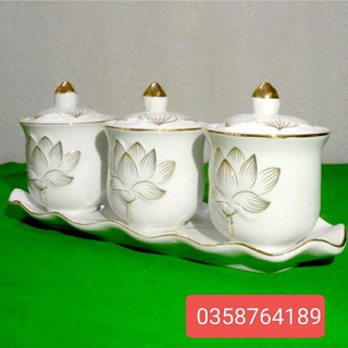 Bộ 3 và bộ 5 có nắp hàng bạch ngọc hoa sen nổi cao cấp-Đồ Thờ Tâm Linh