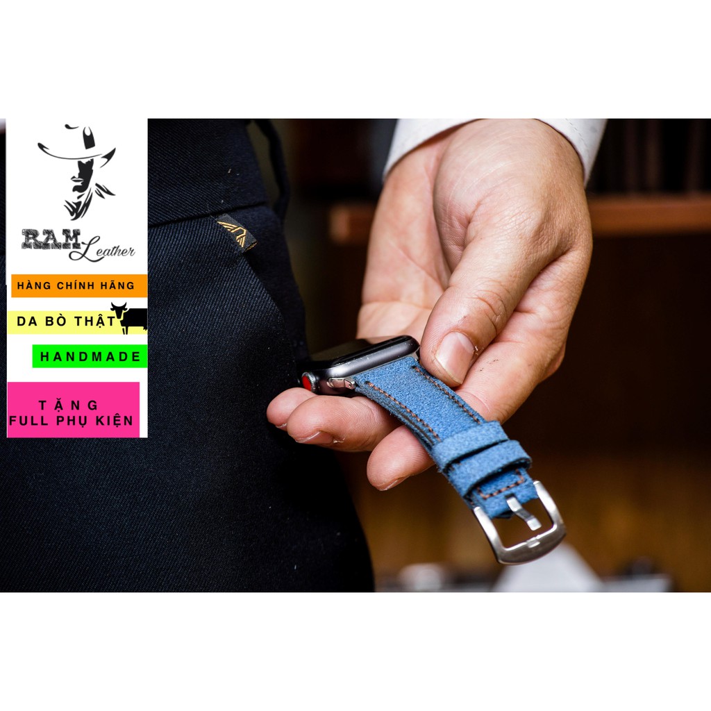 Dây đồng hồ Apple Watch , Iwatch , Iphone Watch Da Bò Lộn Xanh Coban RAM Leather Classic 1963  Bền Đẹp