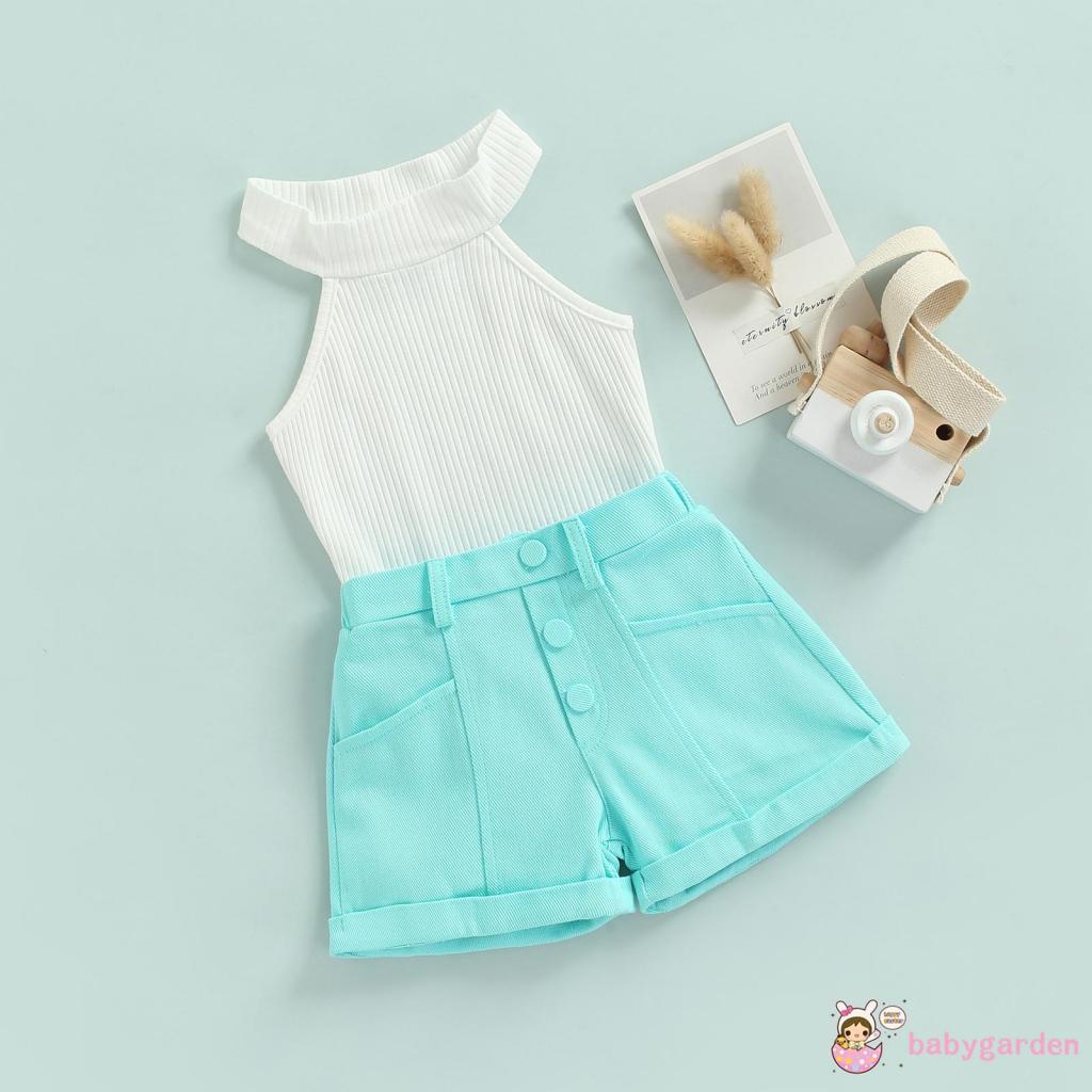 Set Áo Cổ Cao Không Tay + Quần Short Thời Trang Cho Bé Gái 2-7 Tuổi