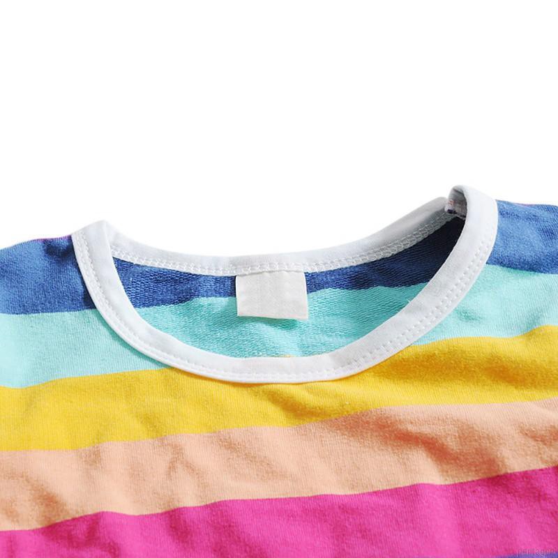 Set áo cổ tròn dài tay sọc cầu vồng + Quần yếm xinh xắn cho bé gái