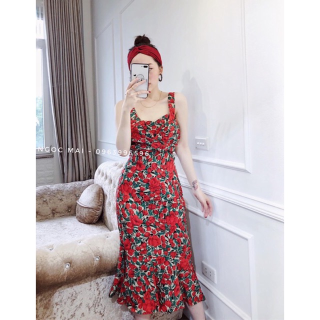 Váy hoa đỏ đuôi cá ♥️ ẢNH THẬT