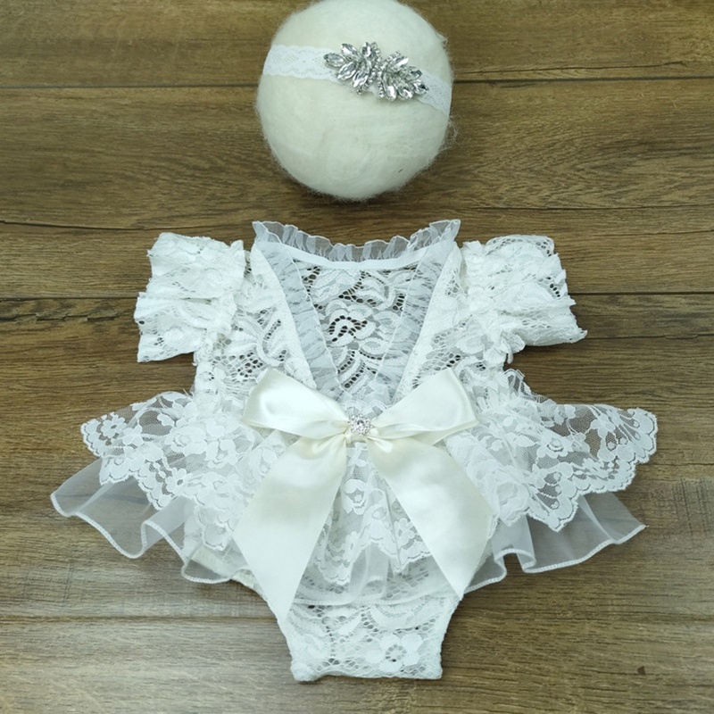 Bộ 2 Món Áo Liền Quần Phối Ren Đính Đá + Băng Đô Xinh Xắn Cho Bé Sơ Sinh