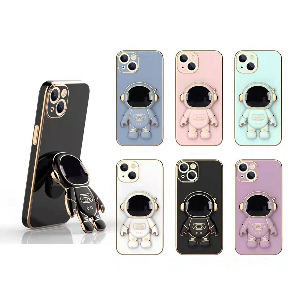Plating Casing Samsung Galaxy A72 A12 A42 5G A71 4G A02S A03 Core A11 M11 M12 M13 M23 F23 Straight Edge Fine Hole Tpu Soft Thin Phone Case Cartoon Space Astronaut Stand Full Back Cover MMT 07