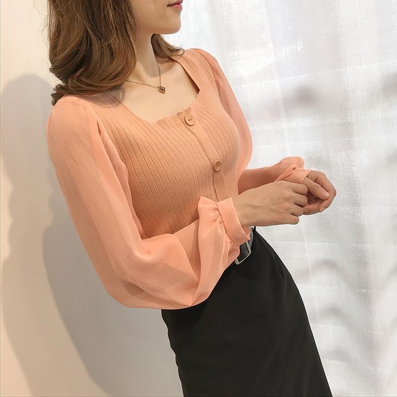 Áo Sơ Mi Chiffon Dệt Kim Cổ Vuông Tay Dài Phối Nút Dành Cho Nữ