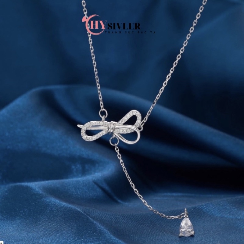 Dây chuyền bạc ta nơ kép nạm đá đá rơi giọt nước xinh xắn phong cách dây chuyền nữ bạc thật