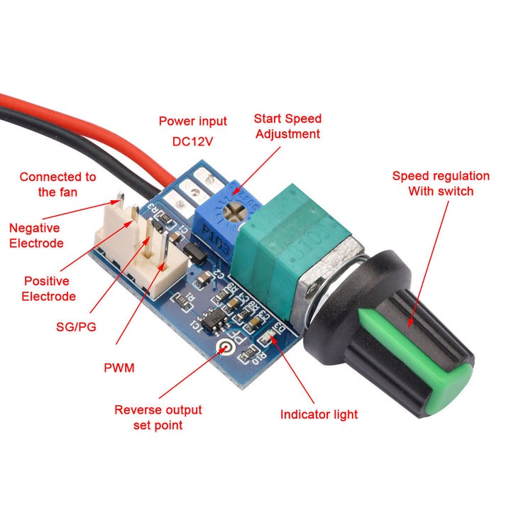 Thiết bị điều khiển tốc độ quạt DIYMORE bốn dây DC12v PWM có công tắc nút vặn và giảm tiếng ồn