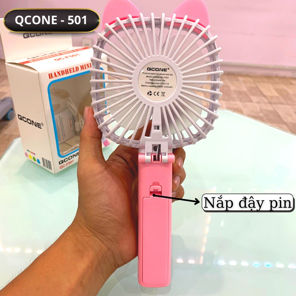 Quạt Cầm Tay Mini Cao Cấp Qcone F-501 Có Thể Gấp Gọn, Sạc Cổng USB, Tặng Dây Sạc