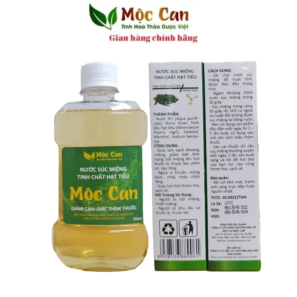 Cai thuốc lá thuốc lào vĩnh viễn Mộc Can, nước súc miệng hết hôi miệng, trắng răng, hơi thở thơm mát Chai 250ml