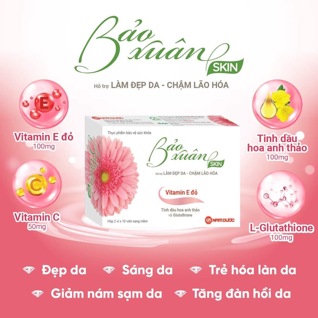 Viên Uống Trắng Da Bảo Xuân Skin, Tăng Cường Sức Khỏe, Làm Đẹp Da, Giảm Nếp Nhăn, Thâm Nám và Tàn Nhang