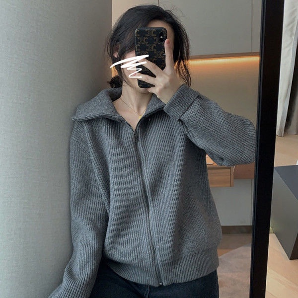 Áo khoác cardigan dệt kim dáng rộng cổ rùa có khóa kéo thời trang thu đông mới cho nữ