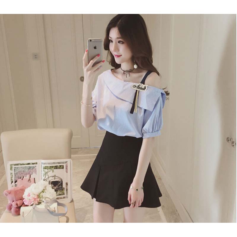 Rerela Summer Sweet Girls Off Shoulder Female Blouse Shirt Sexy Striped Shirt