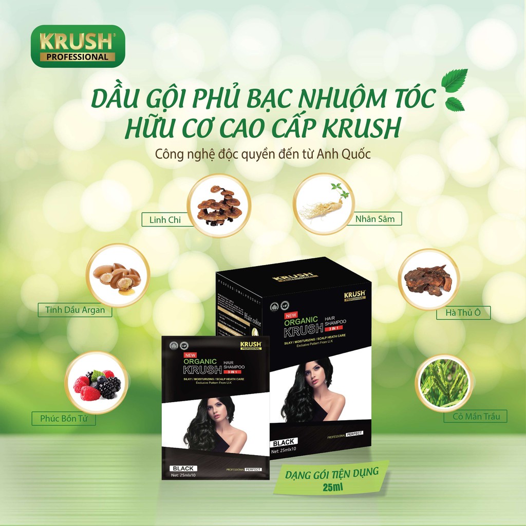 [ 5 Gói x 25 ml ] Dầu gội nhuộm tóc hữu cơ  Màu đen tự nhiên  Krush Anh Quốc