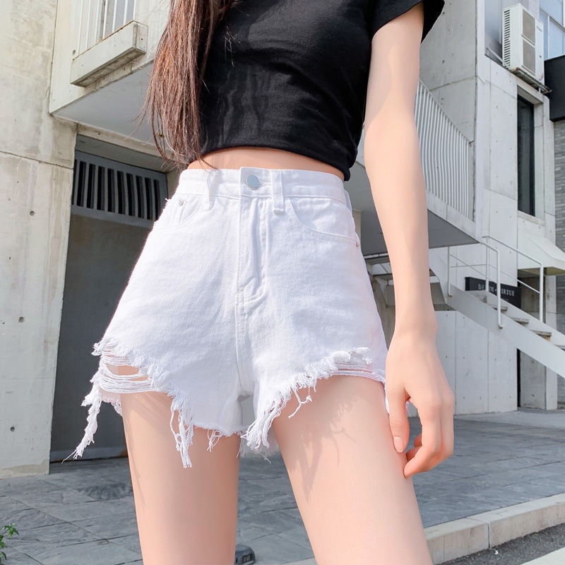 Jiashucheng Quần Short Denim Trắng Rách Dáng Rộng Lưng Cao Thời Trang Mùa Hè 2022 Phong Cách Mới Cho Nữ