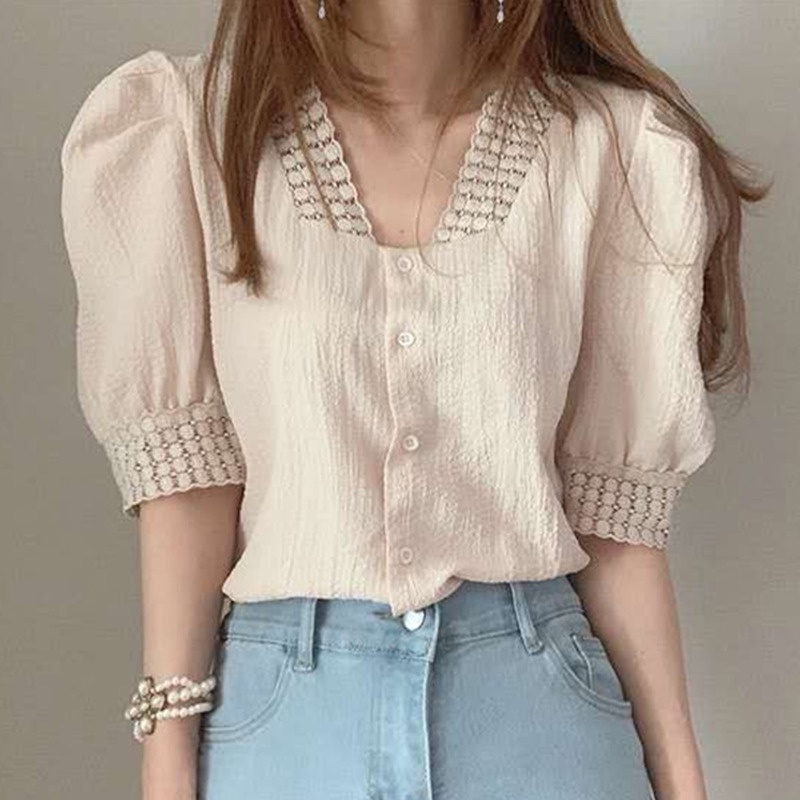 Áo kiểu tay phồng ngắn phối ren thời trang trẻ trung