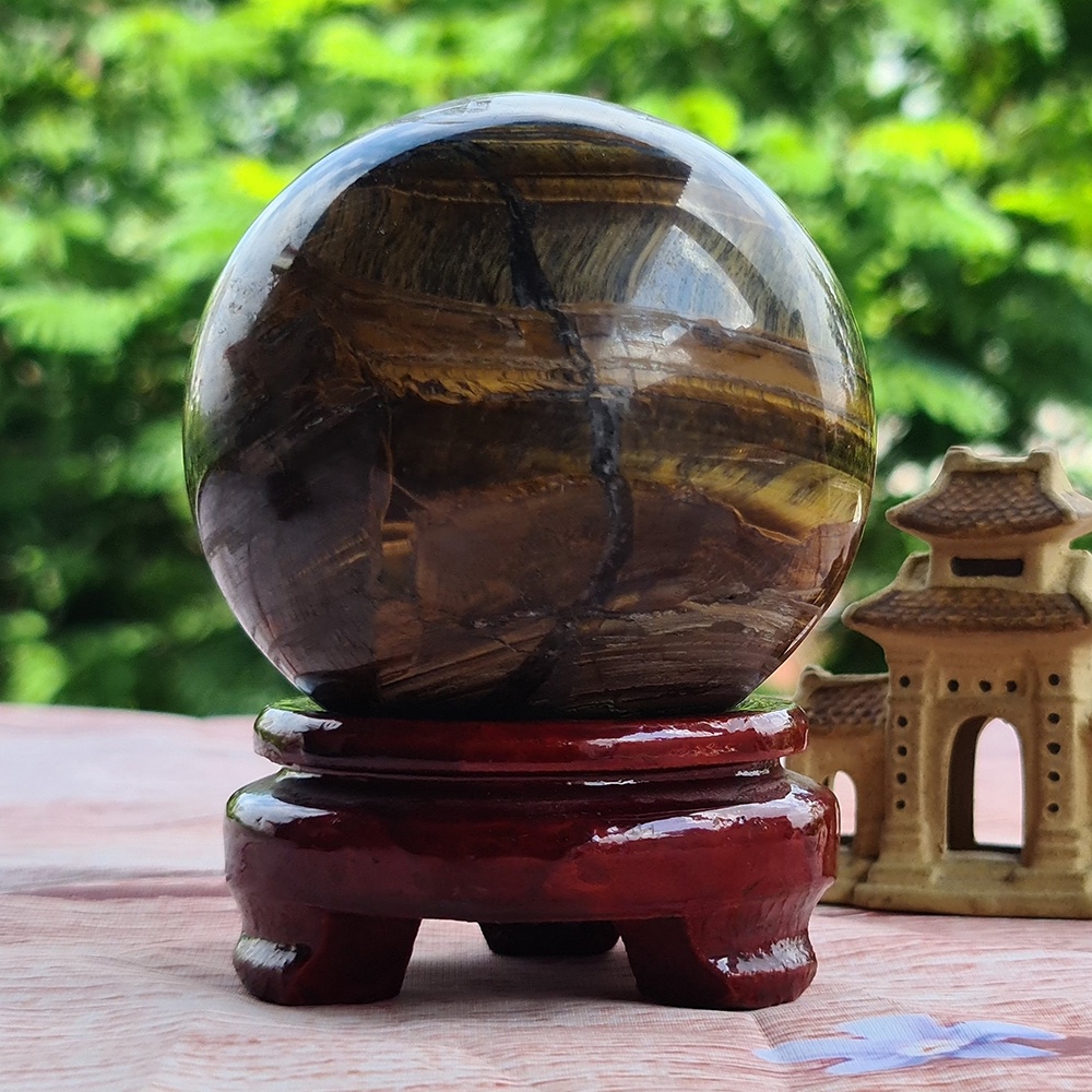 Quả Cầu Thạch Anh Mắt Hổ Hợp Mệnh Kim Thổ, Quả Cầu Phong Thủy Để Bàn Làm Việc Trang Trí Không Gian