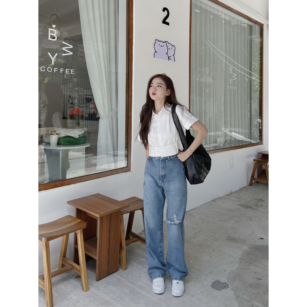 Áo sơ mi thô croptop trắng tay phồng (ảnh thật)