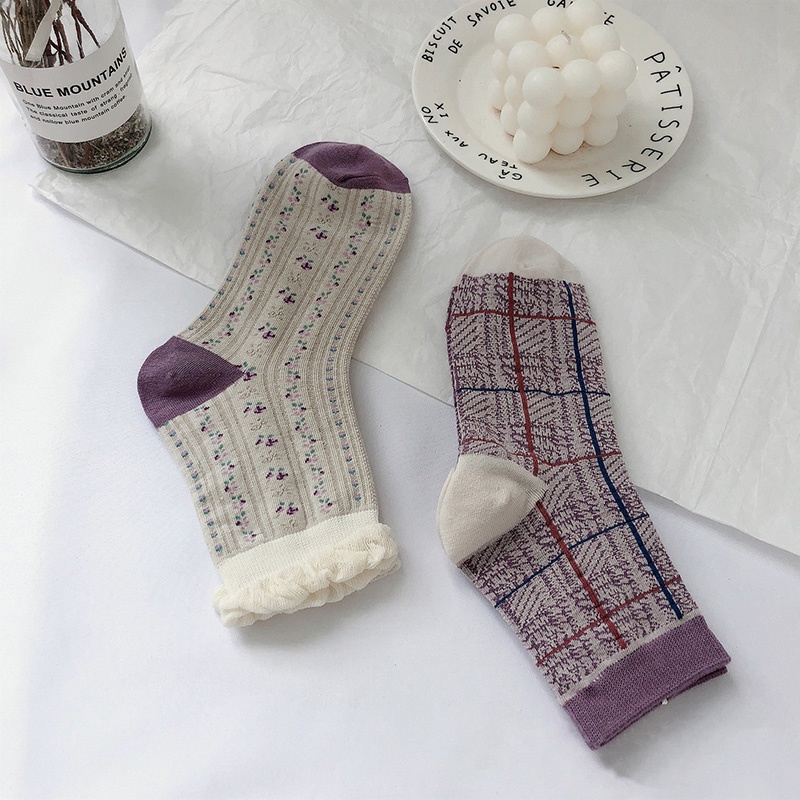 Vớ ngắn cotton họa tiết hoa kẻ sọc màu tím khoai môn dễ thương lãng mạn ấm áp thời trang thu đông