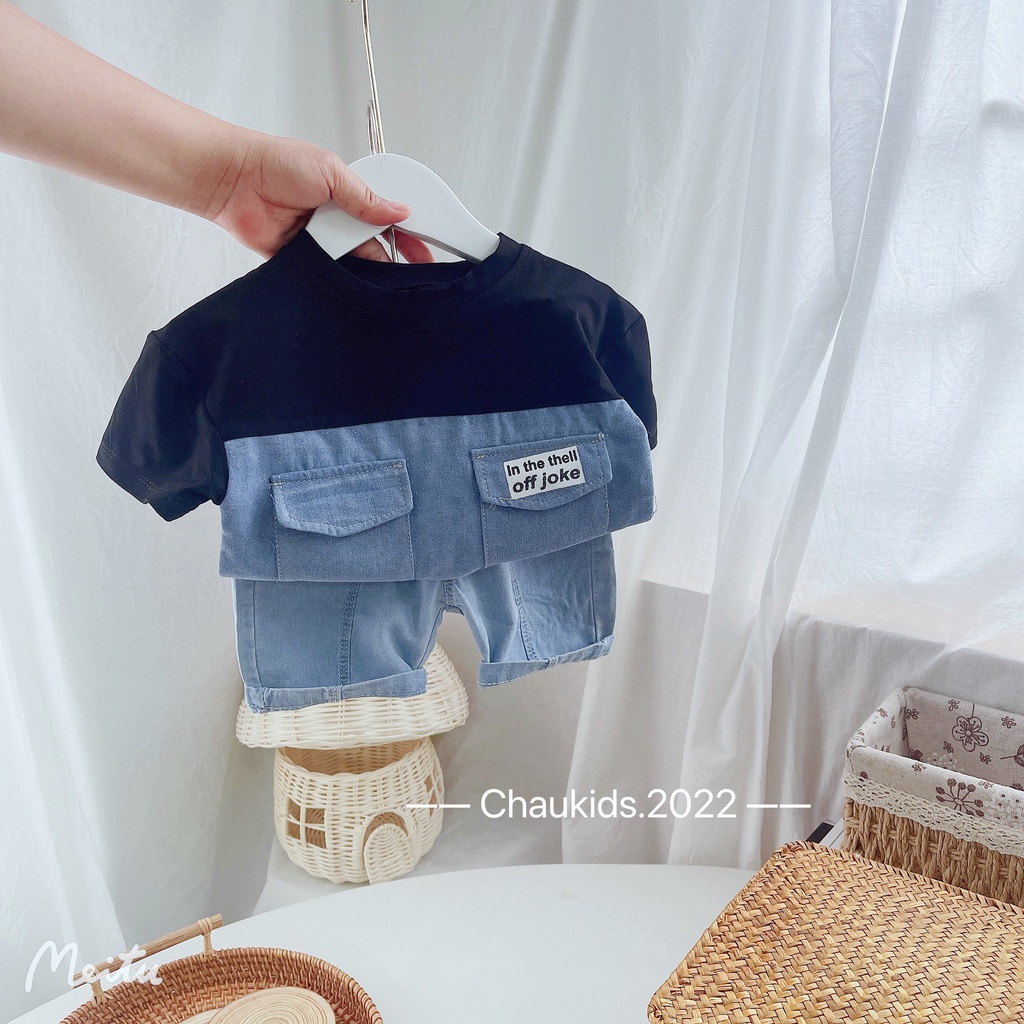 Bộ cộc tay bé trai kiểu dáng thể thao khỏe khoắn, set bộ quần áo bò phối ngang thân túi hộp siêu chất cho bé