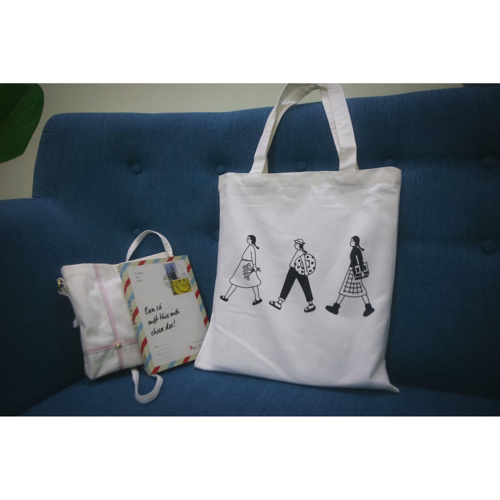 ( Trợ giá ) Túi Vải Đeo Vai Tote Bag 3 Người Trắng Xinh