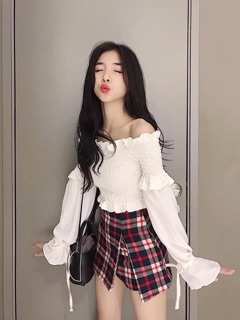 Áo nhúng tay loe cột nơ tiểu thư