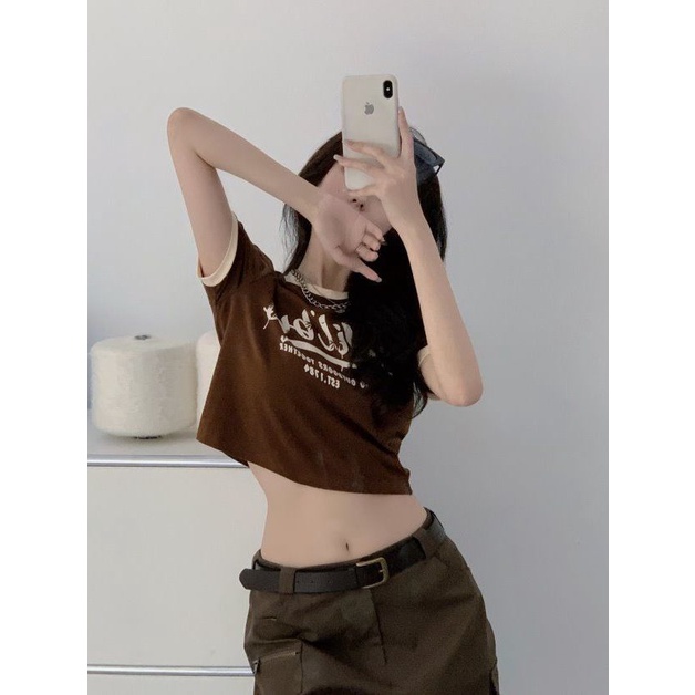 Áo Croptop Phối Màu Phong Cách Retro Thời Trang Mùa Hè Quyến Rũ Cho Nữ