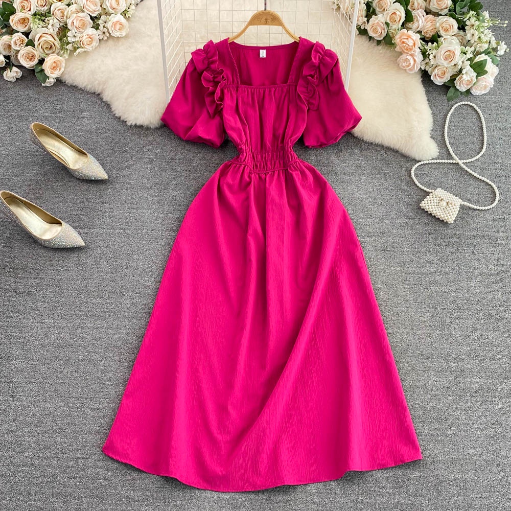 Đầm Pháp cổ điển cổ vuông gợn sóng bong bóng tay ngắn eo áo mỏng một đường váy dài thanh lịch