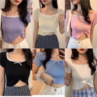 Áo len mongtoghi cổ viền ren cộc tay 💕[ HÌNH THẬT TRẢI SÀN ]