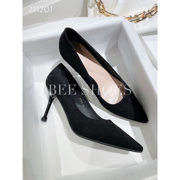 BEESHOES - GIÀY CAO GÓT NỮ MŨI NHỌN - GIÀY CAO GÓT NỮ GÓT NHỌN CAO 8 PHÂN SẴN MÀU ĐEN DA LỘN 211201