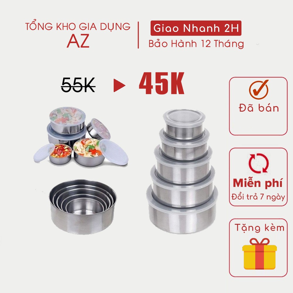 Hộp bảo quản thực phẩm trong tủ lạnh - Sét 5 Bát Inox Có Nắp Đậy Silicon - Bát Để - Loại 1-  K13101