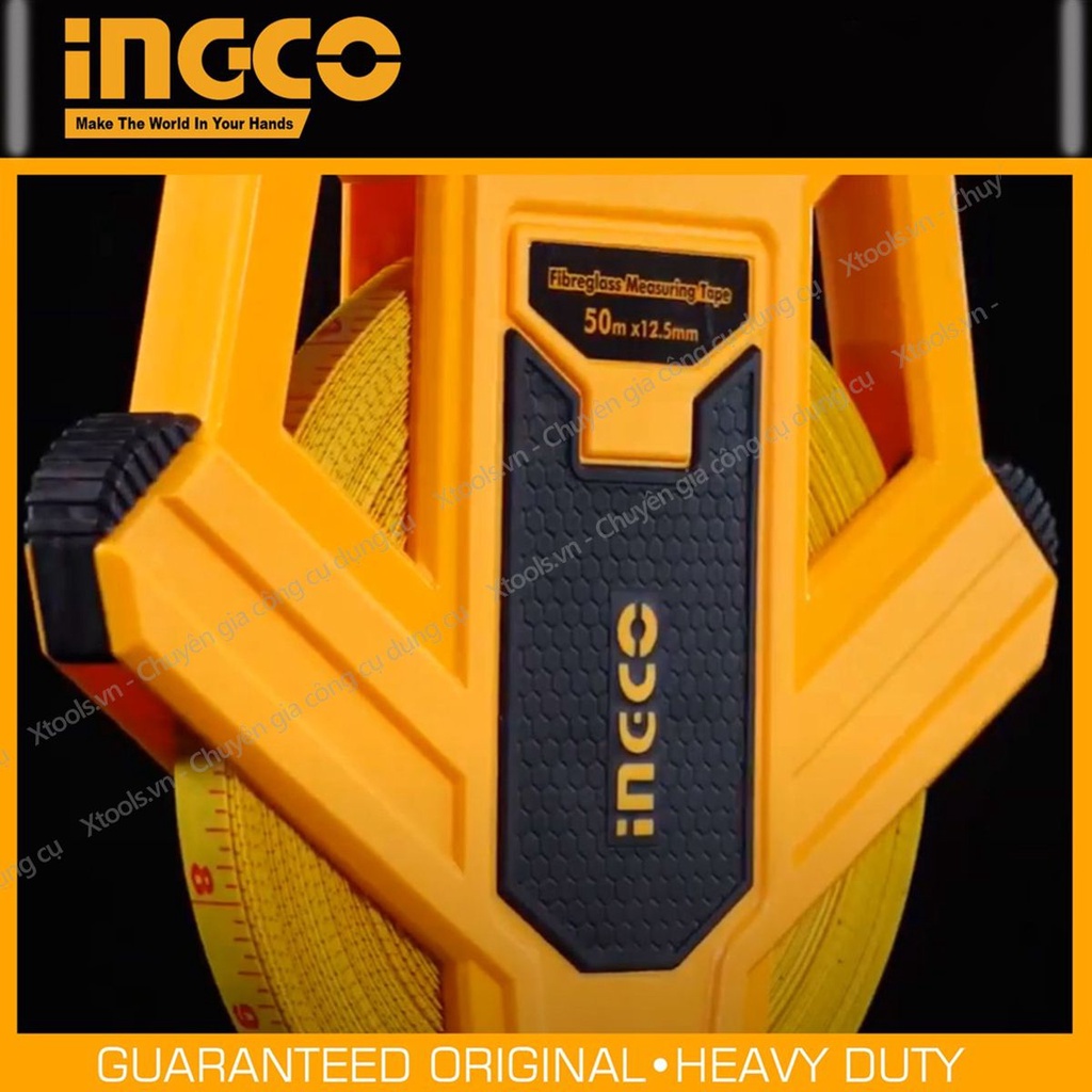 Thước dây cuộn sợi thủy tinh INGCO HFMT8250 50m, thước cuốn đa năng vỏ nhựa ABS bọc cao su siêu bền, tốc độ cuốn nhanh